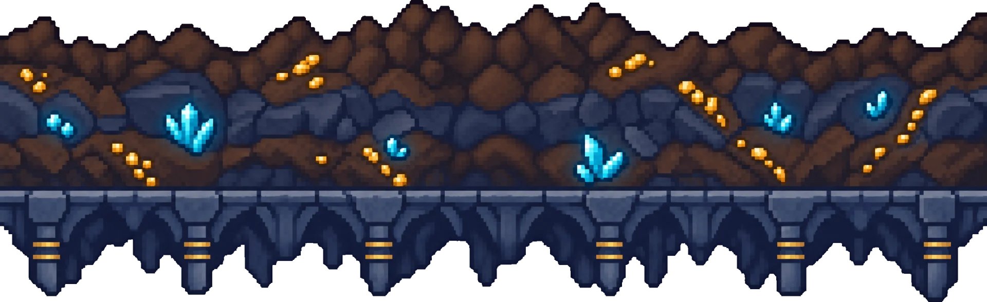 Deep rock with crystals and gold veins above the crypt's stone arches