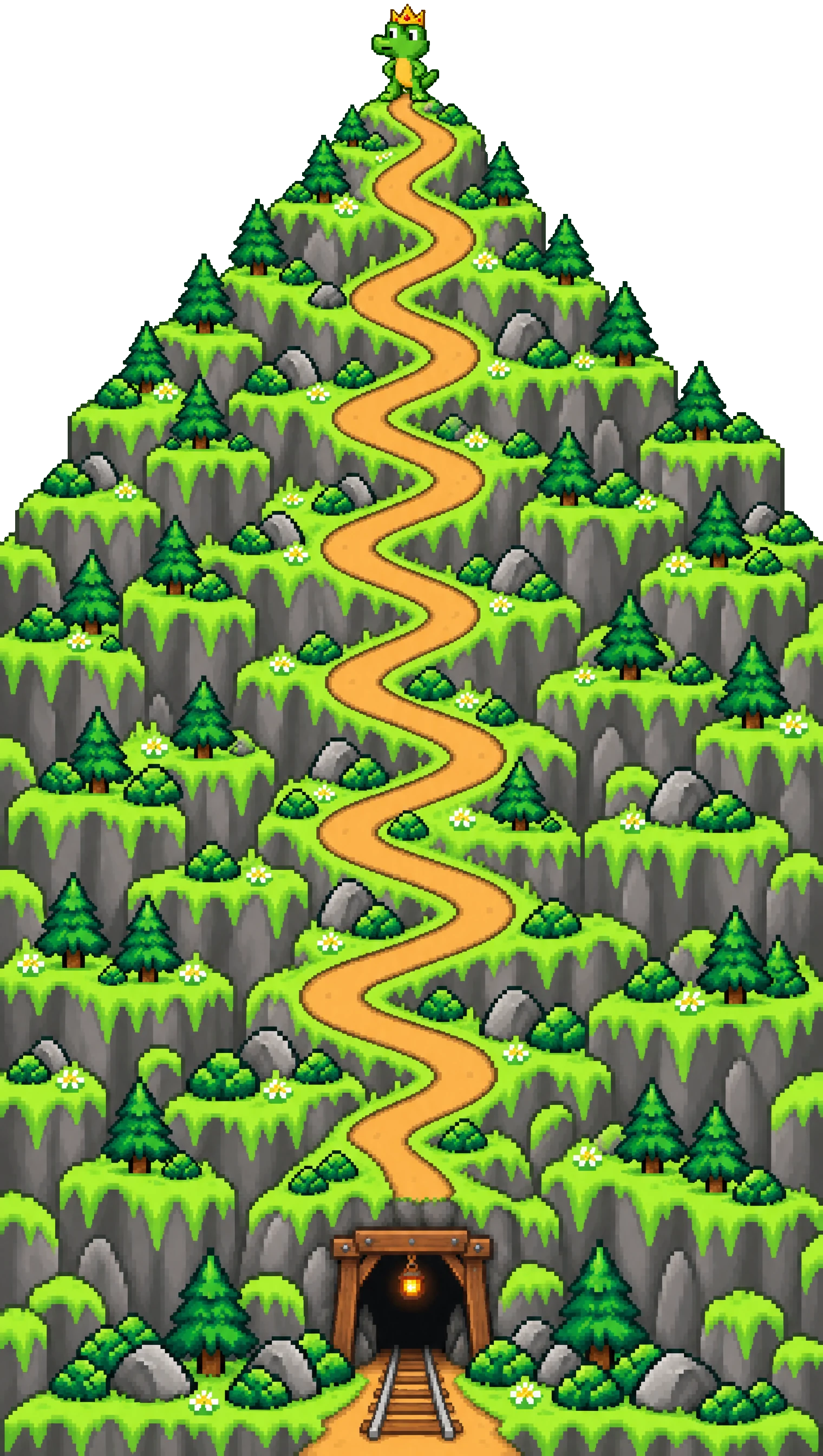 The crowned GMGN crocodile on the peak of a grassy pixel-art mountain; a trail winds all the way down to a mine entrance